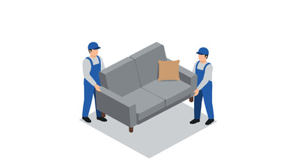 Isometric movers lifting sofa home furniture transport concept