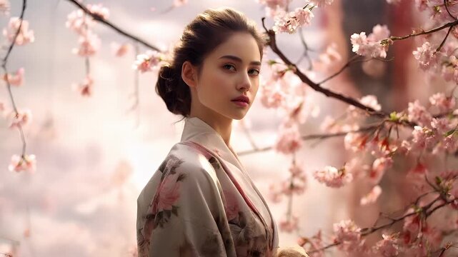 A woman in a kimono stands amidst blossoming trees, her gaze directed forward. The scene is bathed in soft, natural light.