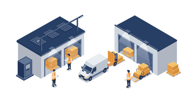 Efficient warehouse workflow with workers and delivery van in modern isometric design