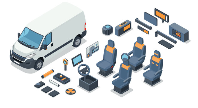 Isometric van with customizable interior components and modern equipment