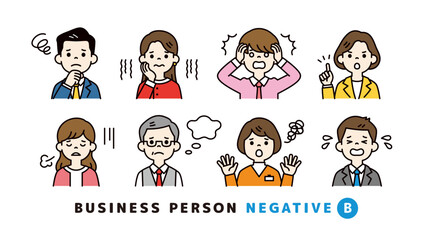 ネガティブな表情・ポーズのビジネスマン・会社員の上半身アバターアイコン素材セット＿カラーB