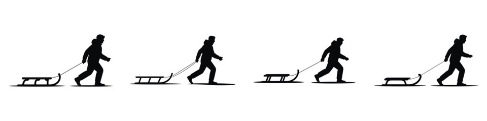 Person Pulling Sled Vector Illustration Set – Winter Activity Silhouette, Outdoor Snow Fun, Cold Season Adventure, Holiday Leisure, Sledge Ride and Winter Sports Design Art