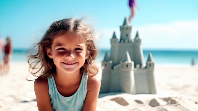 A young girl with wavy hair and a cheerful expression on a beach setting.