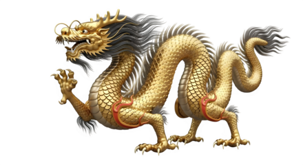 Magnificent golden Asian dragon with flowing mane, a powerful symbol of strength and good fortune, perfect for celebrating Chinese New Year and cultural events