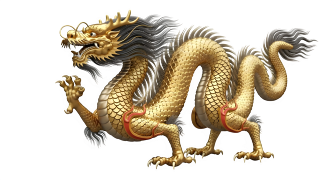 Magnificent golden Asian dragon with flowing mane, a powerful symbol of strength and good fortune, perfect for celebrating Chinese New Year and cultural events