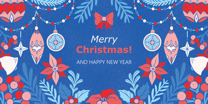 Hand drawn Christmas greeting banner with colorful ornaments, poinsettia flowers, holly berries, winter foliage, decorative garland and festive text on textured blue background.