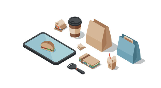 Isometric food delivery concept with smartphone, coffee, and packaging on white background
