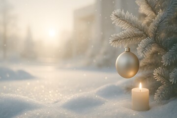 Golden Christmas Ornament and Candle in Snowy Winter Landscape at Sunrise