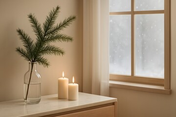 Minimalist Holiday Decor with Candles and Pine Branch by Window in Winter