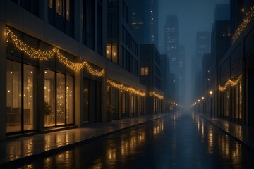 Quiet City Street at Night Decorated with Christmas Lights and Reflections