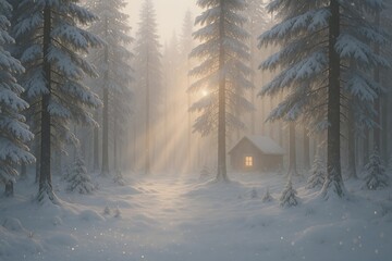 Cozy Cabin in Snowy Pine Forest with Morning Sun Rays
Keywords: