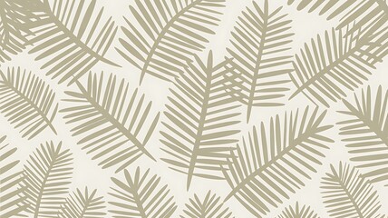 Artistic botanical illustration featuring a repeating pattern of tropical fern leaf outlines in a neutral beige color.