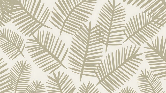 Artistic botanical illustration featuring a repeating pattern of tropical fern leaf outlines in a neutral beige color. - Powered by Adobe