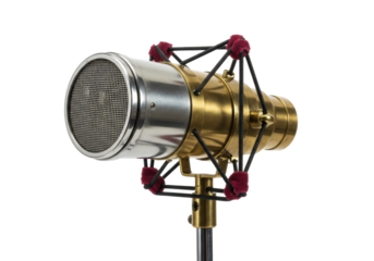 Isolated retro studio microphone on a stand for professional audio recording, audio equipment