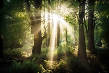 Beams of sunlight filtering through the trees within the fores