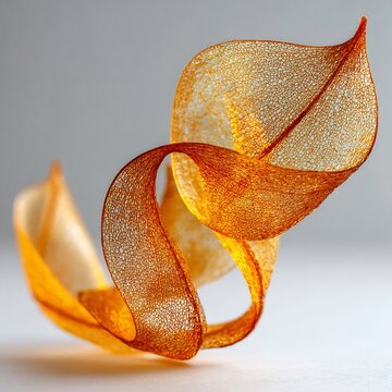 Delicate tuile cookie curved into a graceful spiral translucent and amber lace like isolated on a plain light background