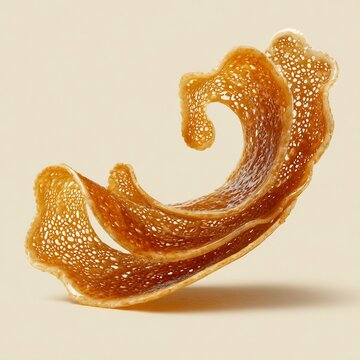 Delicate tuile cookie curved into a graceful wave translucent and amber colored with lace like patterns isolated on a plain light background