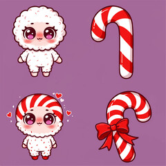 Adorable cartoon characters and candy canes on a purple background.