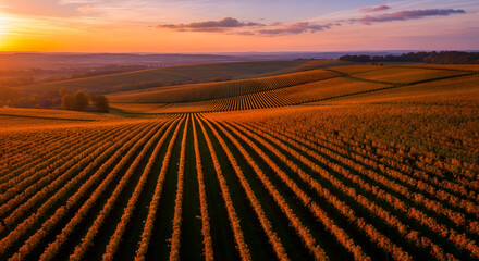Dynamic Drone View of Sweeping European Vineyard Landscape at Dramatic Sunset with Copy Space