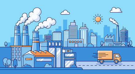 City skyline with factories emitting smoke and delivery truck Industrial manufacturing and logistics concept