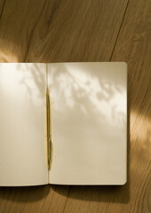 Blank open notebook with aesthetic shadows, warm and minimalist 