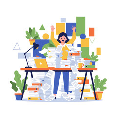 Office worker overwhelmed by huge piles of paperwork Stress workload and deadline pressure concept