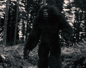 The aggressive variant of Bigfoot called a Gugwe in a forest holding a bone