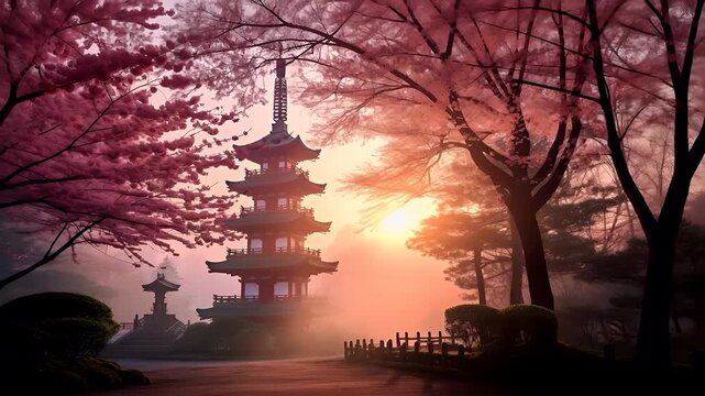 A vivid portrayal of a traditional Japanese pagoda surrounded by cherry blossom trees in full bloom. The pagoda stands tall amidst a misty backdrop, with the sun casting a warm.