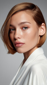 Professionelles Beauty-Portr&auml;t einer Frau mit nat&uuml;rlichem Make-up und Bob-Frisur