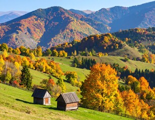 Autumnal mountain landscape with wooden huts