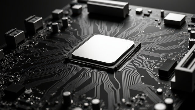 High tech circuit board with microprocessor, intricate design, electronic components, modern technology, digital connections, and sleek aesthetics