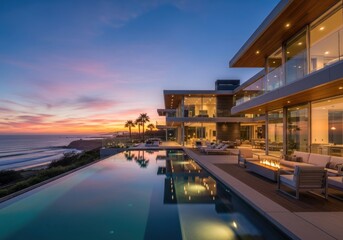 Mansion luxury oceanfront villa infinity pool at sunset tropical paradise