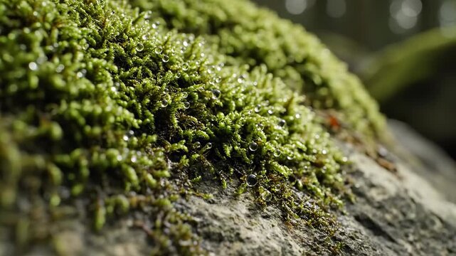 Lush green moss covered rock with water droplets in natural environment for landscape and nature photography