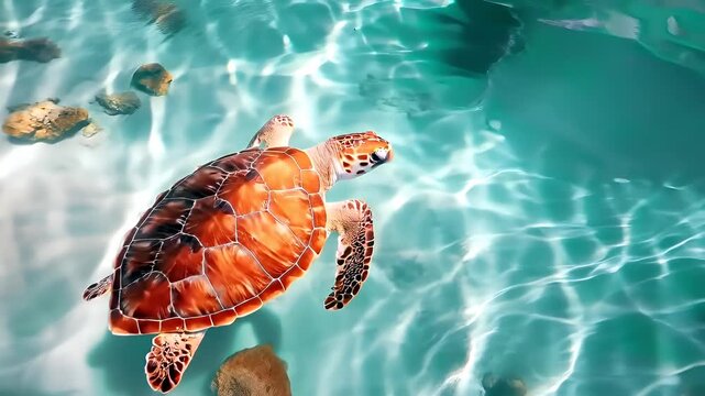 Aerial view of sea turtle swimming in clear turquoise water with sunlight filtering through.
