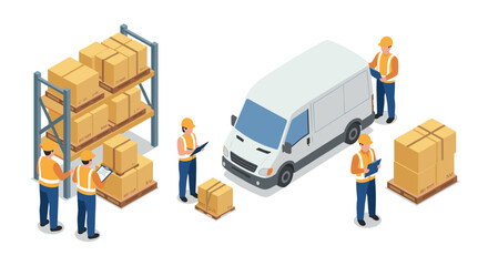 Warehouse logistics with delivery van and workers checking inventory in isometric style