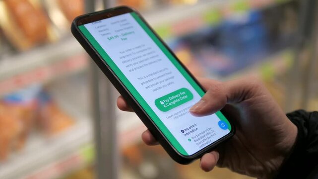 Close up of a womans hands in a supermarket, using her smartphone to review delivery terms and a fast-payment link for her grocery order. 