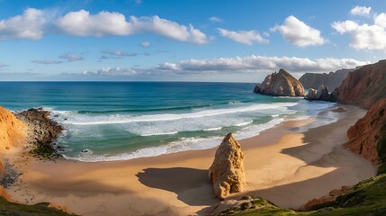 Breathtaking panoramic view of a secluded golden sandy beach with crystal clear ocean water under a beautiful blue sky