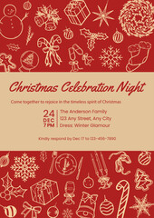 Christmas celebration night invitation template with Christmas objects pattern in red gold theme. Vector illustration Christmas party invitation template.