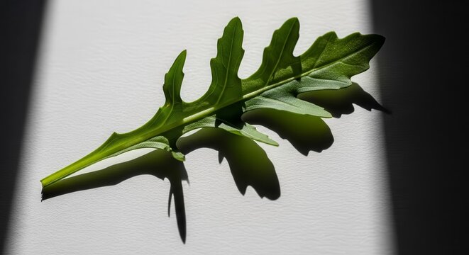 Vibrant Arugula Leaf Illuminated by Daylight Creating Dramatic Shadow Effects On White Surface