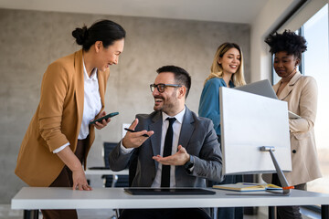 Group of business professionals having a meeting to discuss ideas and solutions for finance company
