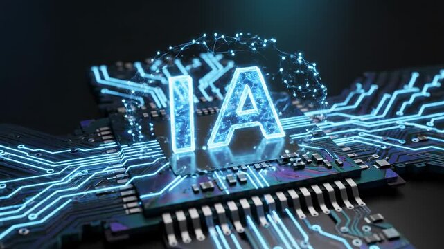 Microchip futurista de inteligencia artificial  IA con circuitos luminosos y red neuronal.