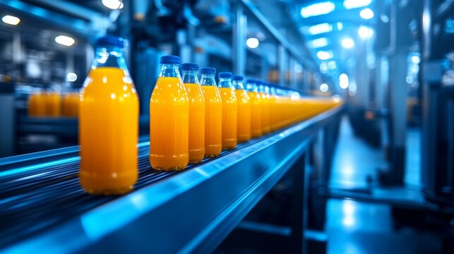 Bottles of orange juice on a conveyor belt at a factory.
Used to illustrate topics related to beverage production, the food industry, and process automation.