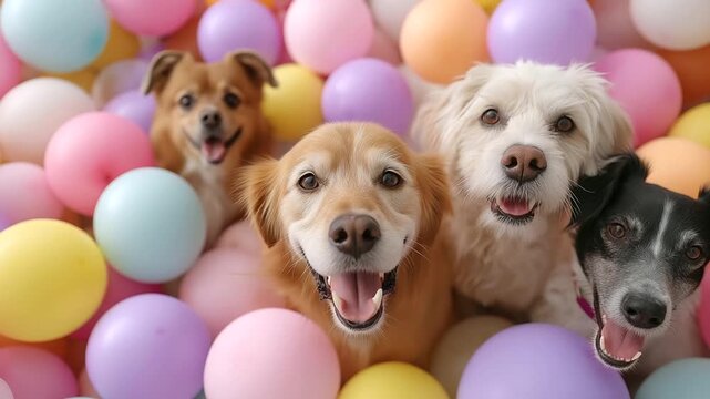 Pets partying with colorful balloons, festive gatherings in animal fun, joyful moments in pet celebrations, celebration vibes with balloon decor, event highlights in unique parties