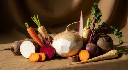 Vibrant Assortment Of Root Vegetables, Presented In Eye-Catching Natural Light