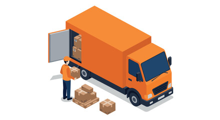 Isometric delivery truck with worker loading boxes in orange theme