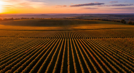 Dynamic Drone View of Sweeping European Vineyard Landscape at Dramatic Sunset with Copy Space
