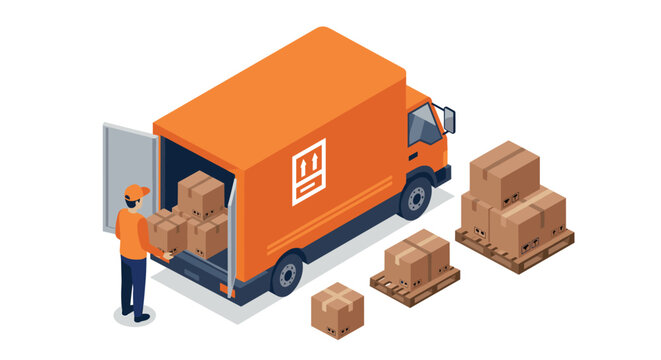 Isometric delivery truck with worker loading boxes for shipping logistics - Powered by Adobe
