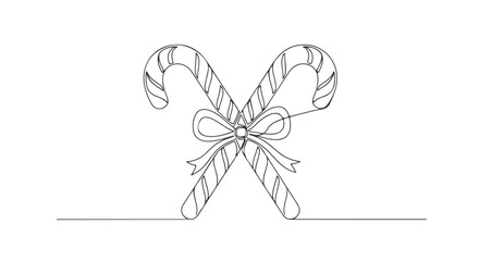 Continuous line drawing of two classic candy canes tied with a festive bow, symbolizing Christmas cheer and holiday traditions