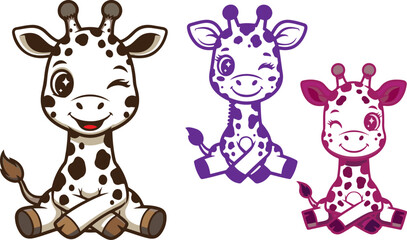 Naklejka premium Cute cartoon giraffe family sitting together against a black background design