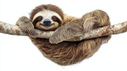 Naklejka premium A smiling sloth hangs from a branch. Perfect for articles about wildlife, children's encyclopaedias, souvenir design, or travel websites.
